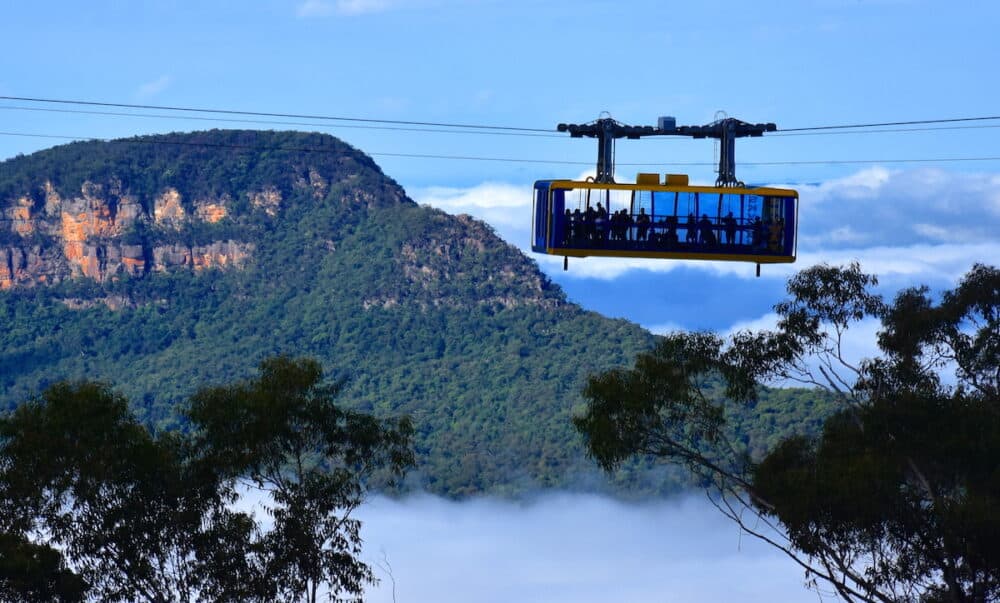 Katoomba, Australia -   Scenic Skyway suspended 270m above the ancient Jamison Valley. It travels across the gorge above Katoomba Falls in the blue mountains of NSW, Australia.