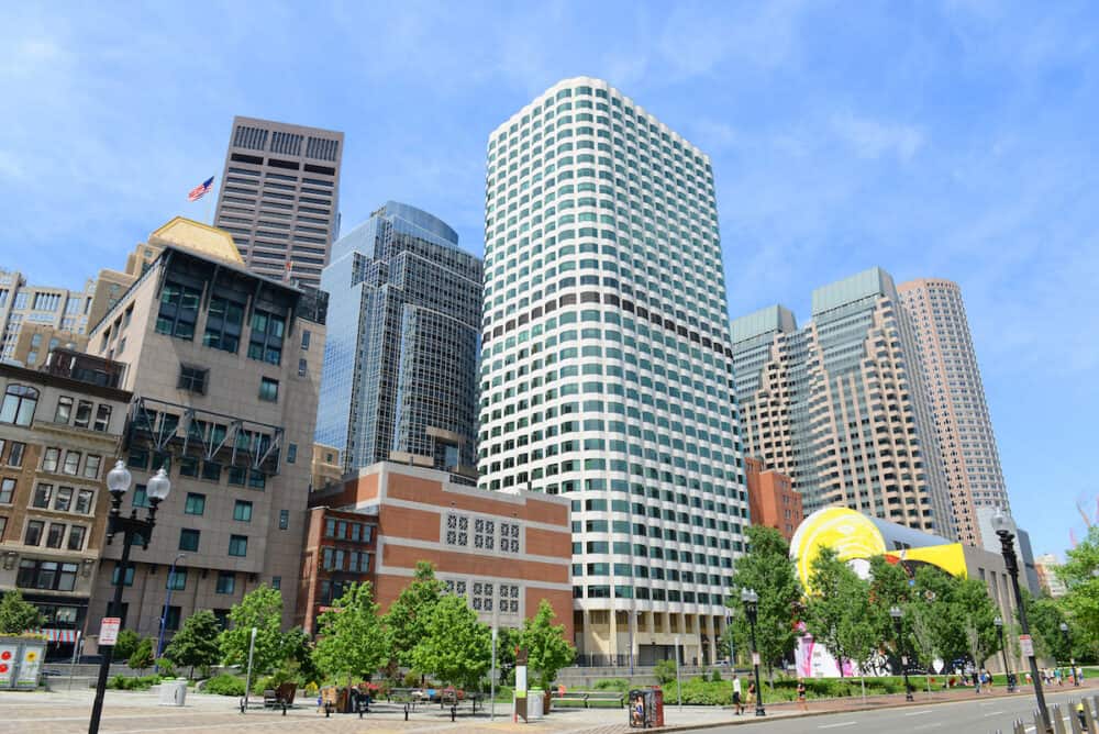 BOSTON - Boston Financial Center including Keystone Building on 99 High Street in downtown Boston, Massachusetts, USA.