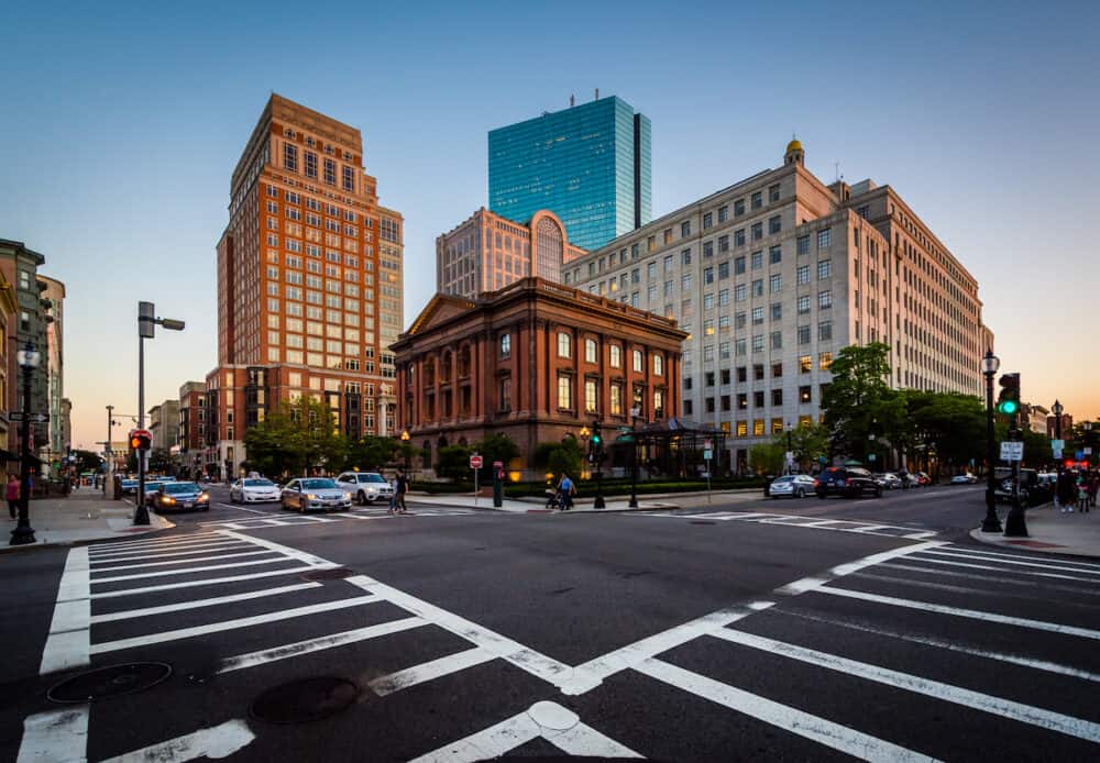 The intersection of Berkeley and Newbury Streets in Back Bay Boston Massachusetts.