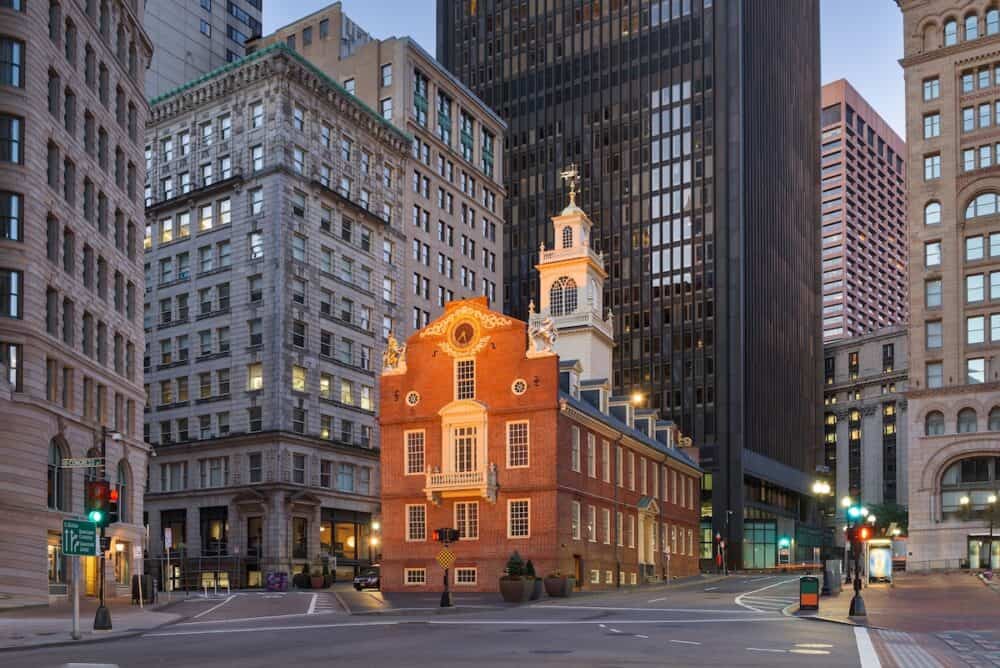 Boston, Massachusetts, USA cityscape at the Old State House at dusk.