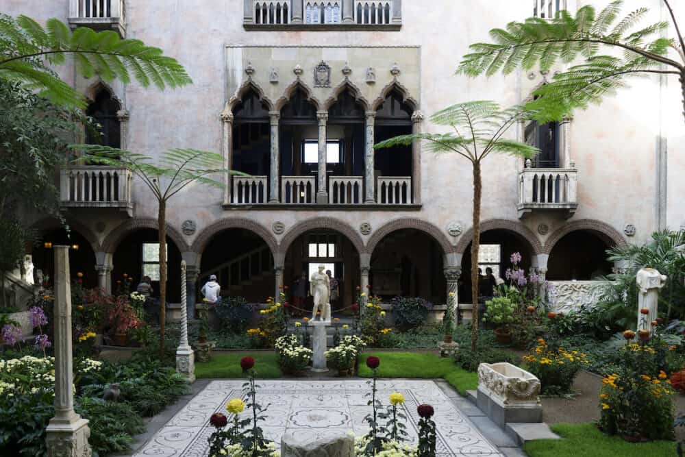 Boston, USA - View of the courtyard of Isabella Stewart Gardner Museum in Boston. It has collection of paintings, sculpture, tapestries and other art.
