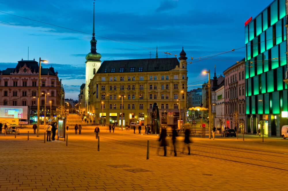 BRNO CZECH REPUBLIC -: View of the Freedom Square at night in the old town of Brno. This is a very popular tourist destination in the 2nd largest city of the Czech Republic.