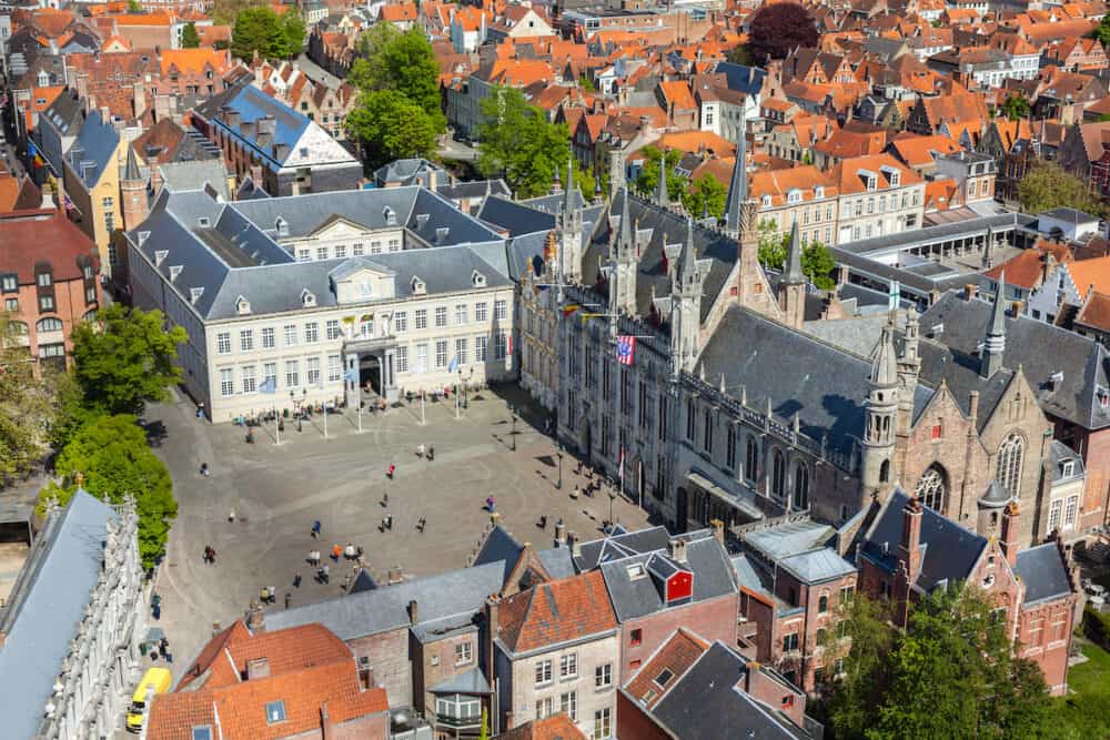 Aerial view of the Burg square with the City Hall. Bruges (Brugge) , Belgium