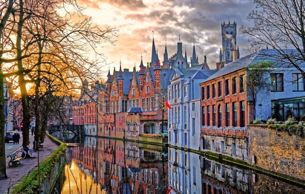 Canals of Bruges (Brugge) Belgium. Winter evening view.