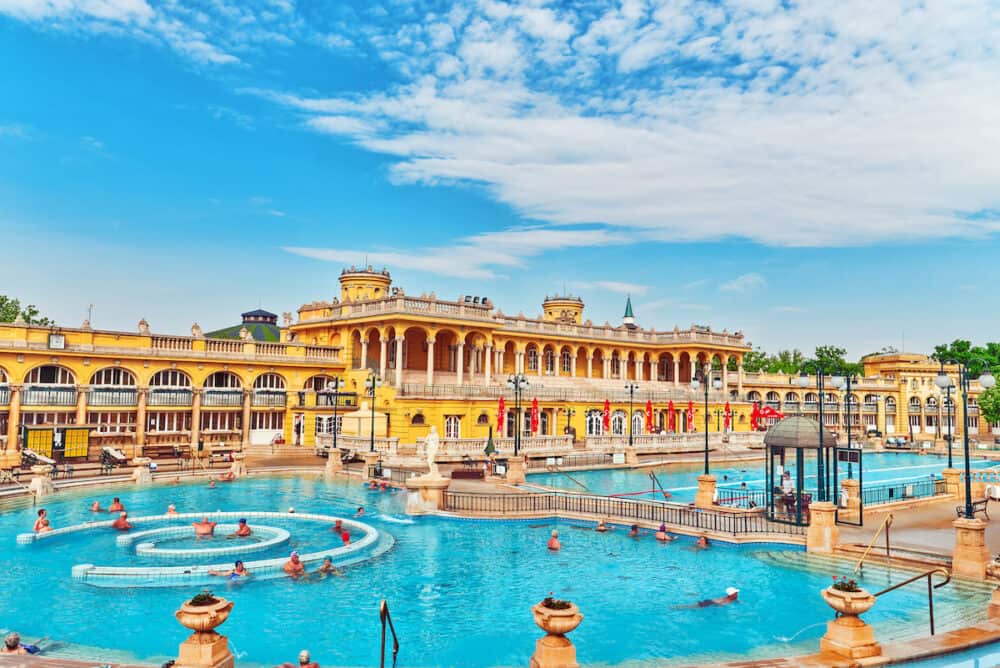 BUDAPEST HUNGARY-  Courtyard of Szechenyi Baths Hungarian thermal bath complex and spa treatments.