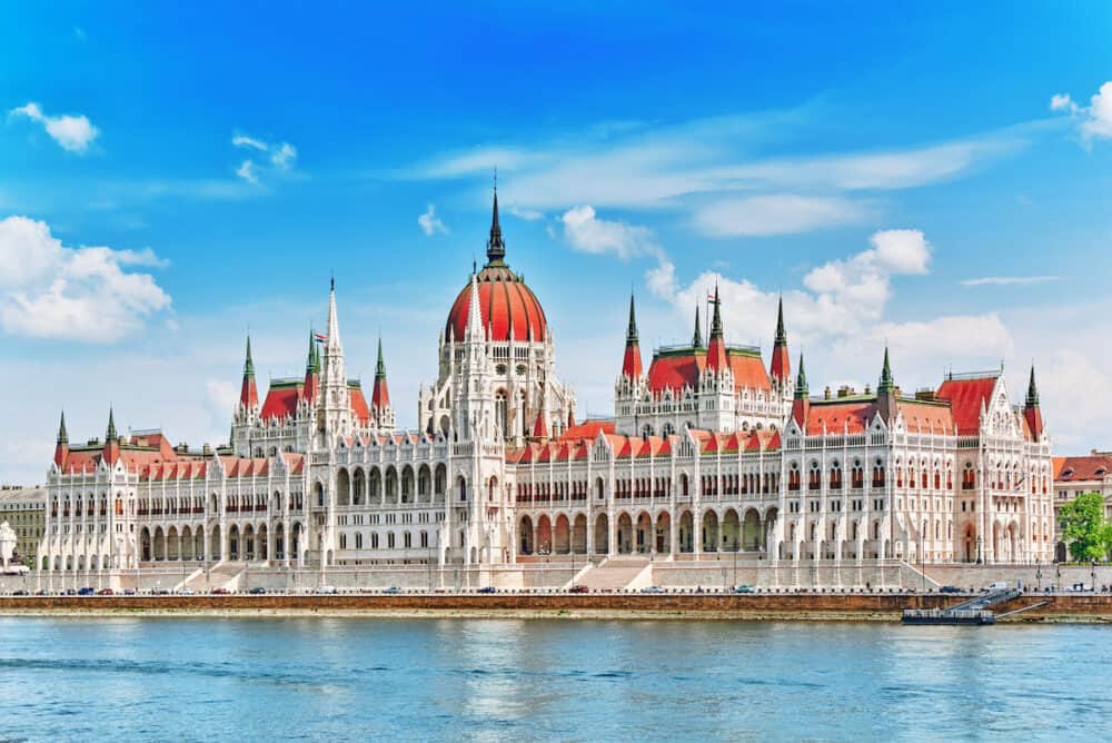 Hungarian Parliament at daytime. Budapest. View from Danube riverside.Hungary