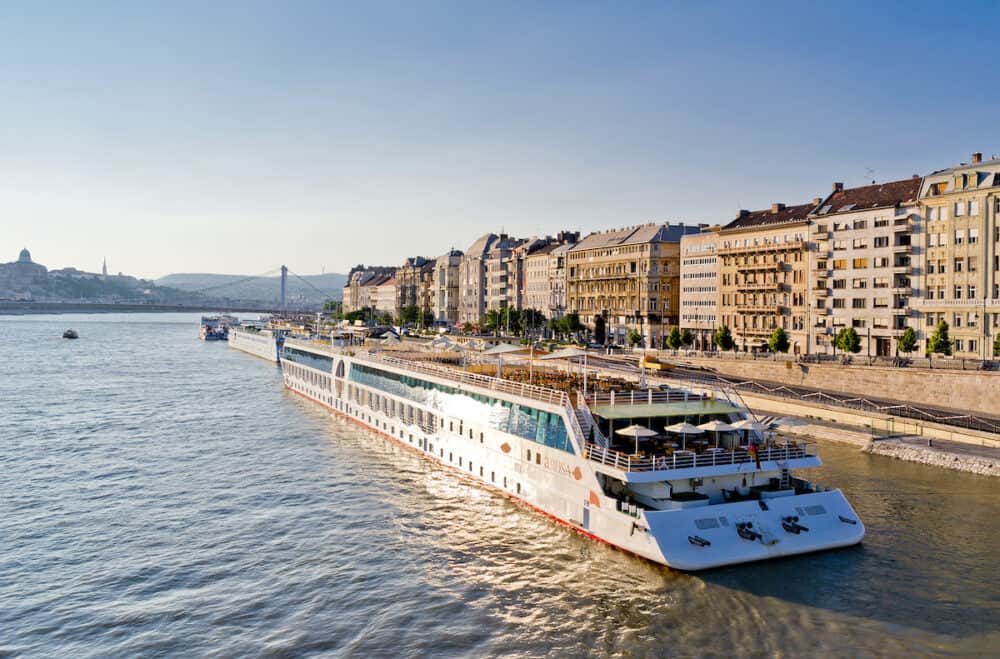 BUDAPEST HUNGARY - One of many cruise ships on Danube river in Budapest capital city of Hungary. 