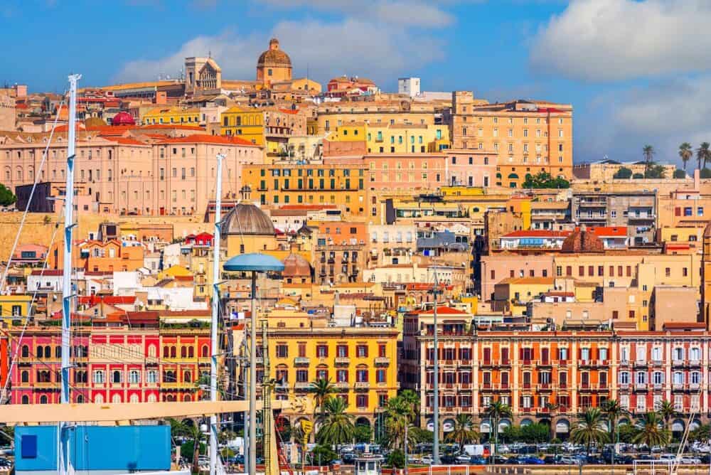 Cagliari, Sardinia, Italy coastal skyline on the Mediterranean Sea.