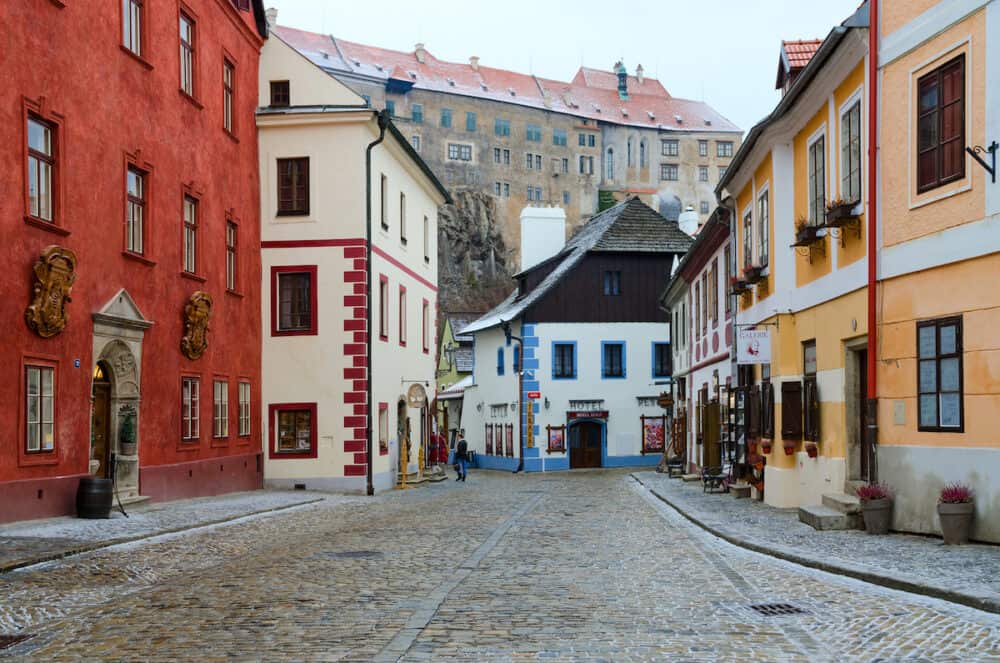 CESKY KRUMLOV, CZECH REPUBLIC - Street in historic center of small medieval town of Cesky Krumlov, world cultural heritage site protected by UNESCO, Czech Republic