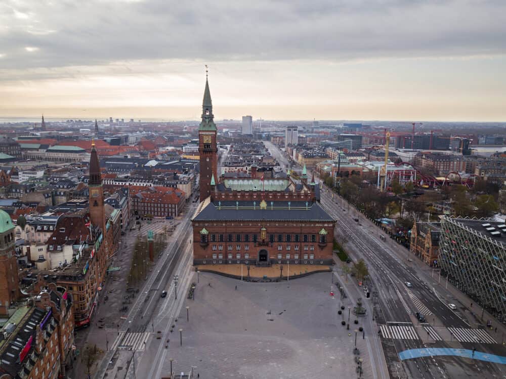 Copenhagen, Denmark -  Aerial drone view of Copenhagen Town Hall.