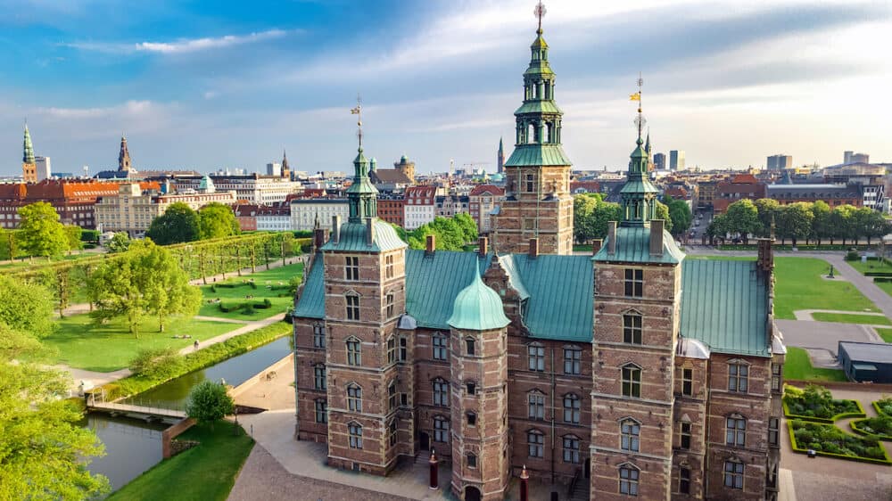 Aerial drone view of Rosenborg Slot Castle and beautiful garden from above, Kongens Have park in Copenhagen, Denmark