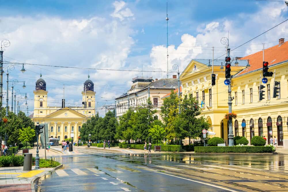 Scenic view of Debrecen, the second largest city in Hungary with Piac street in city city center at sunny summer day after rain