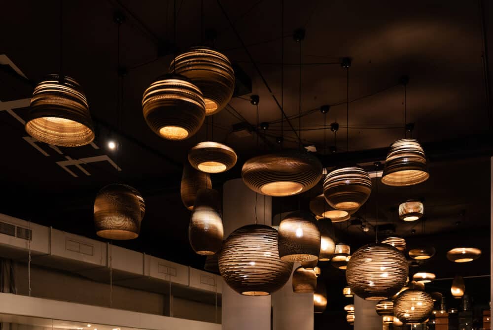 Kortrijk, West Flanders Region - Belgium -Decorative lamps hanging in a bar , art deco style