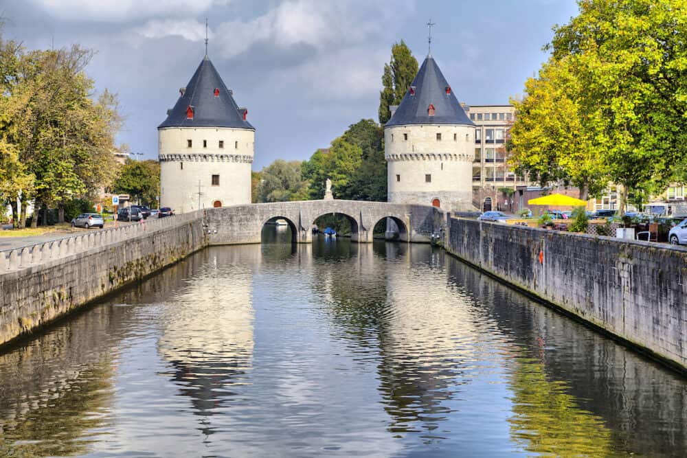 Medieval Broel Towers and old bridge in Kortrijk city Belgium