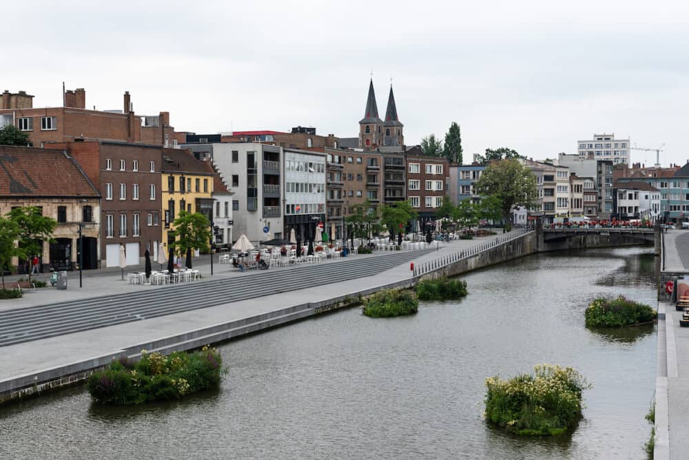 Kortrijk, West Flanders Region - Belgium -  View over the Ley River over the bridge
