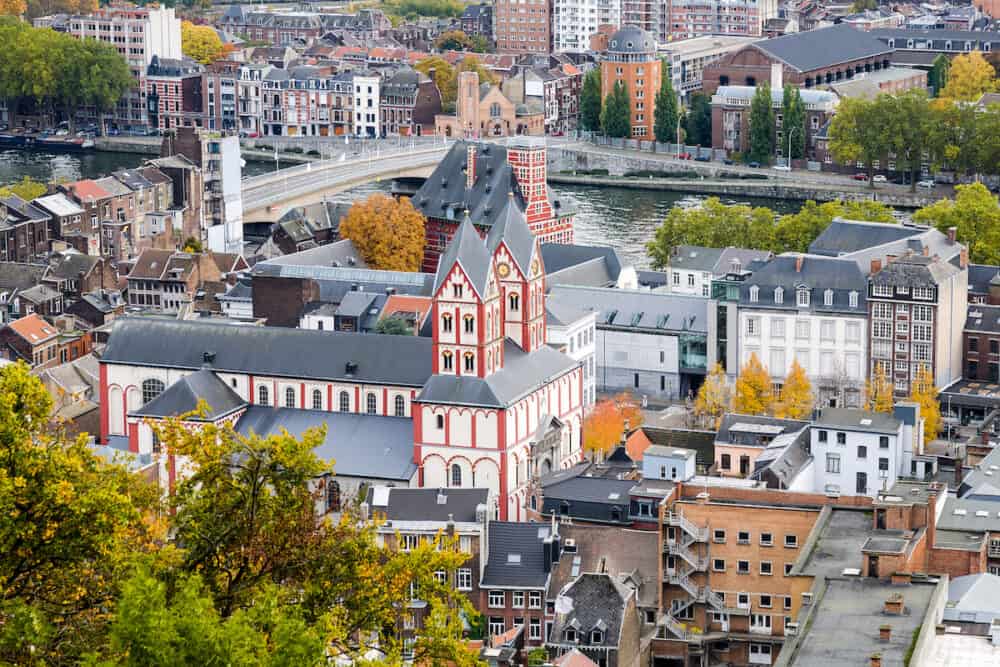 An aerial view on the city of Liege in the Wallonia region of Belgium with Saint Bartholomew church and Curtius Museum