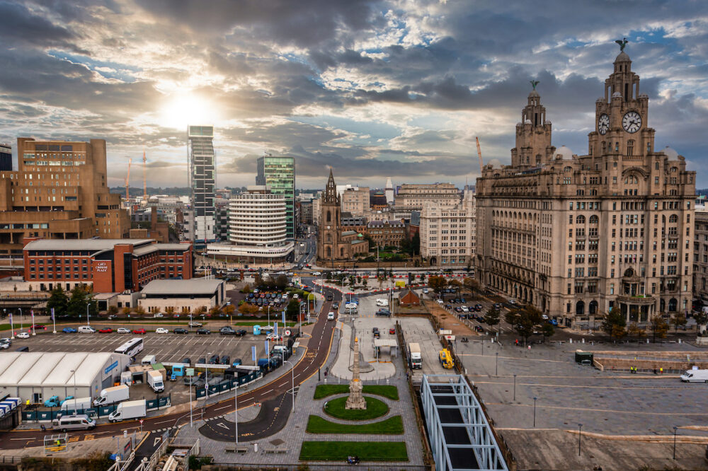 Aerial view of the Liverpool skyline in United Kingdom