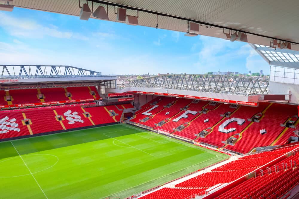 LIVERPOOL, UNITED KINGDOM - Anfield stadium, the home ground of Liverpool FC which has a seating capacity of 54,074 making it the sixth largest football stadium in England