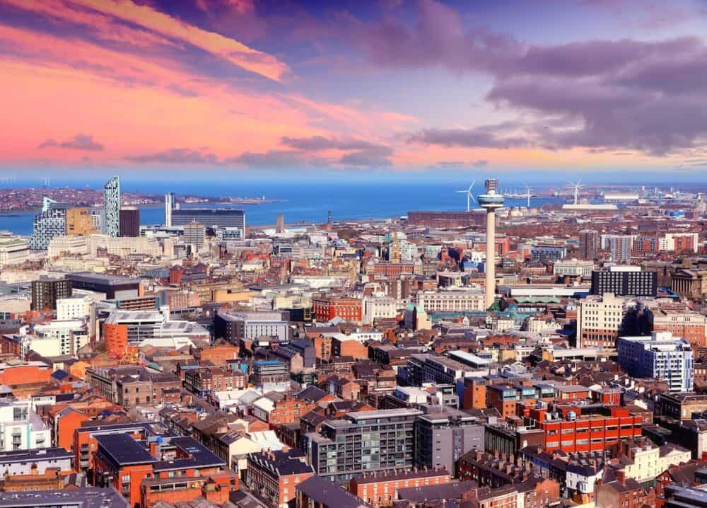 Liverpool UK sunset aerial view. City in the United Kingdom.