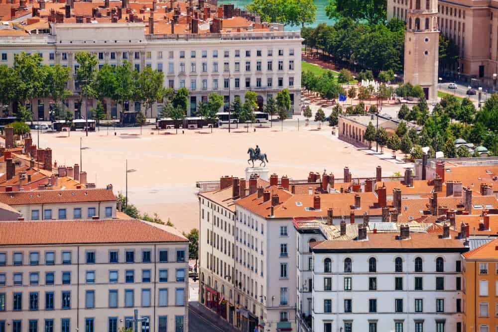 Aerial view of Place Bellecour with statue of Louis XIV, Lyon, France