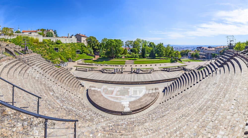 Amphitheater of the Three Gauls in Fourviere above Lyon France under blue sky