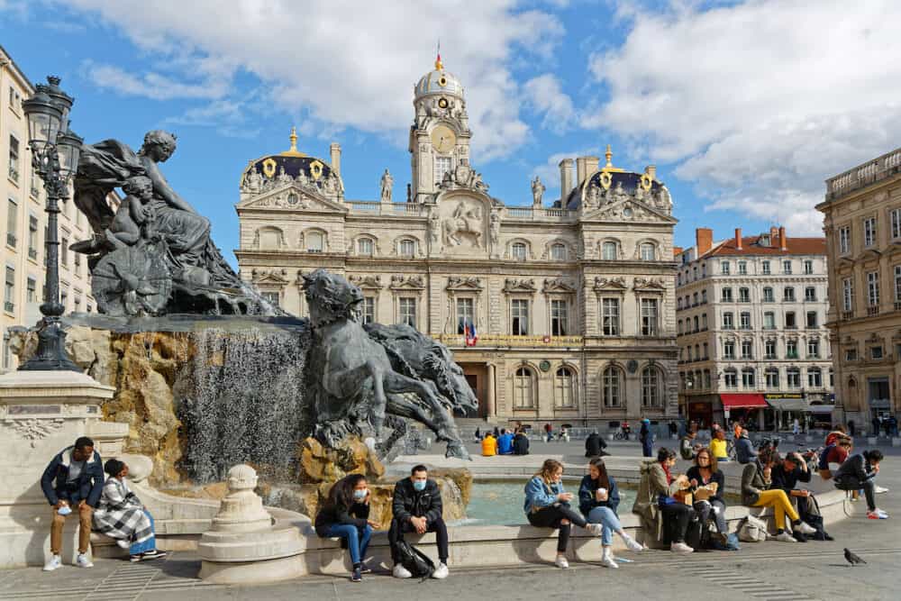 LYON, FRANCE - The Fontaine Bartholdi was sculpted by Bartholdi in 1889. It is erected at the Place des Terreaux near the City Hall of Lyon.