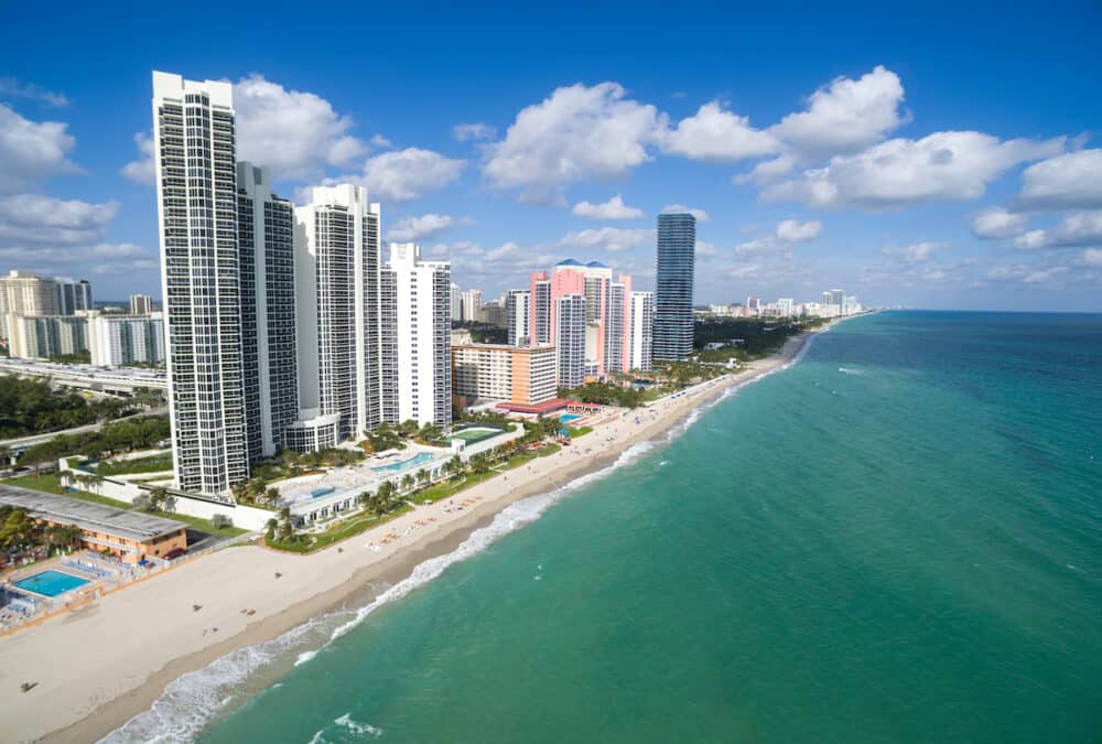 Aerial view of North Miami Beach - white sandy beach with clear blue tropical ocean waters, Aerial view, Miami, Florida, USA
