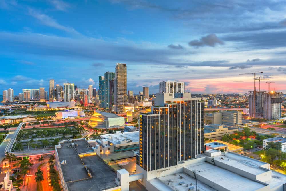 Miami, Florida, USA aerial skyline view at dusk.