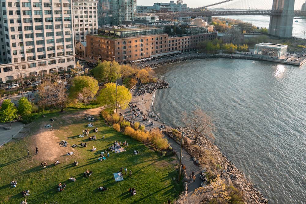 Overhead View of Park in Dumbo, Brooklyn of New York City. Brooklyn Bridge and East river