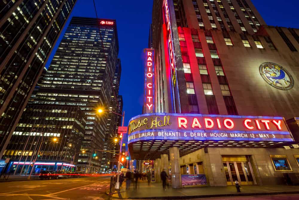 Radio City Music Hall at Rockefeller Center in New York NY. Completed in 1932 the famous music hall was declared a city landmark in 1978.