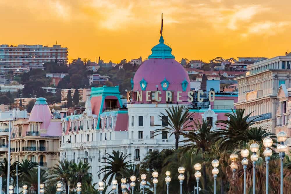 Cityscape with the hotel Negresco. Negresco is the famous luxury hotel on Promenade des Anglais in Nice, baie des Anges, symbol of the Cote d'Azur or French Riviera