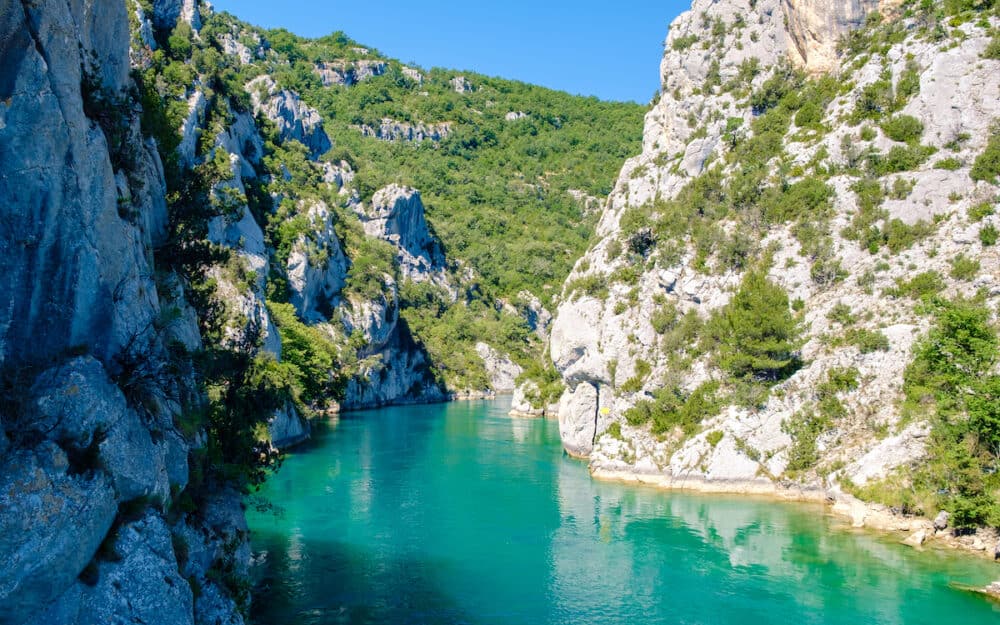 Gorges Du Verdon lake of Sainte Croix, Provence, France, blue green lake with boats in France