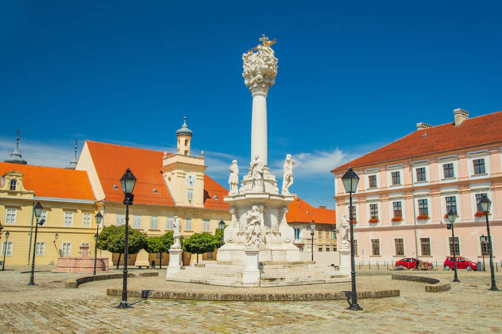 Holy trinity square, pillars with statues in Tvrdja, old historic town of Osijek, Croatia