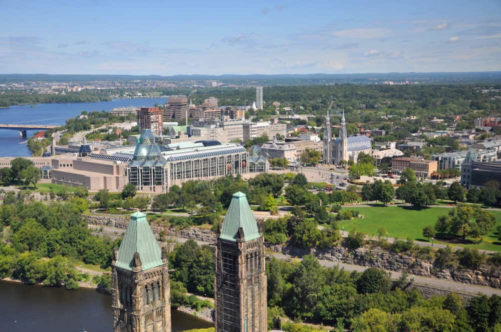 Aerial view of National Gallery of Canada and Notre Dame Cathedral viewed from Ottawa Parliament Peace Tower, Ottawa, Ontario, Canada.