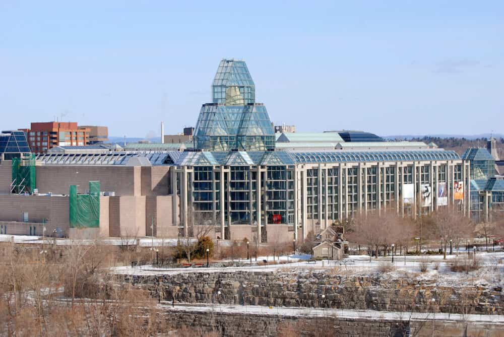 OTTAWA, CANADA - Aerial view of National Gallery of Canada in winter, viewed from Ottawa Parliament Hill, Ottawa, Ontario, Canada.