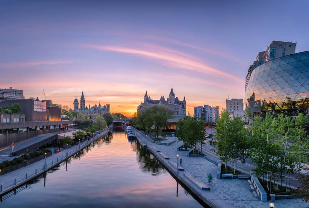 View of Parliament buildings from Plaza Bridge Ottawa during sunset