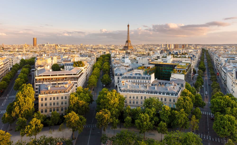 Paris from above showcasing the capital city's rooftops, the Eiffel Tower, Paris tree-lined avenues with their haussmannian buildings and Montparnasse tower - Avenue Kleber, Avenue d'Iena and Avenue Marceau (16th arrondissement, Paris, France)