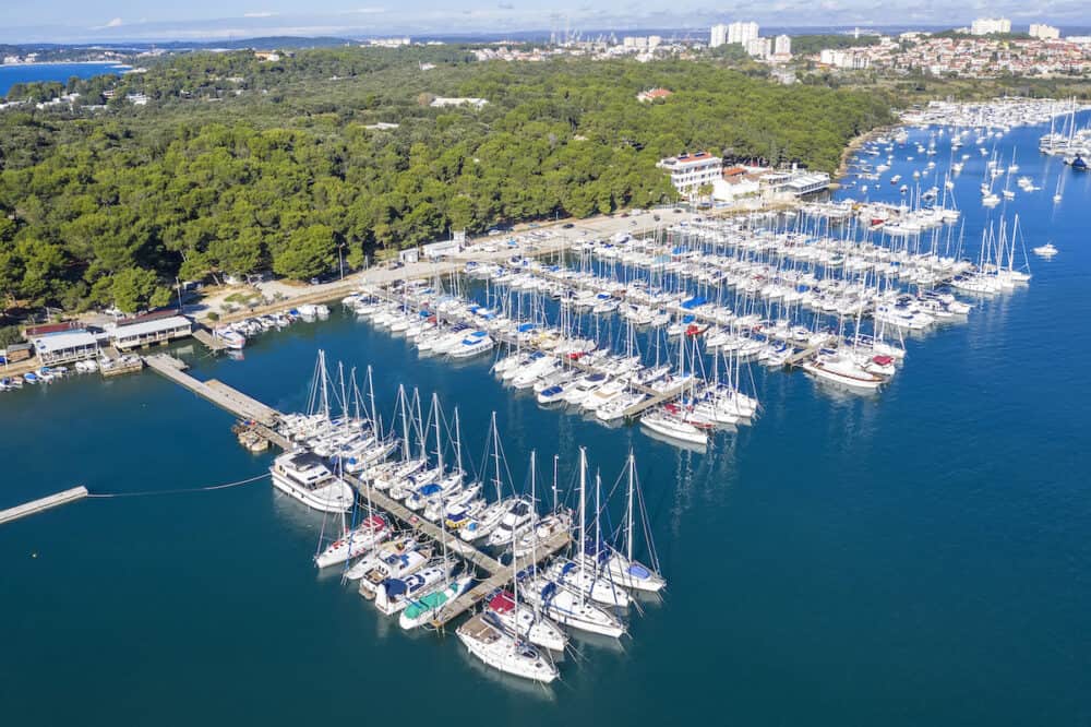 boats, sailing ships and yachts in Port Bunarina, aerial view, Pula, Istria, Croatia