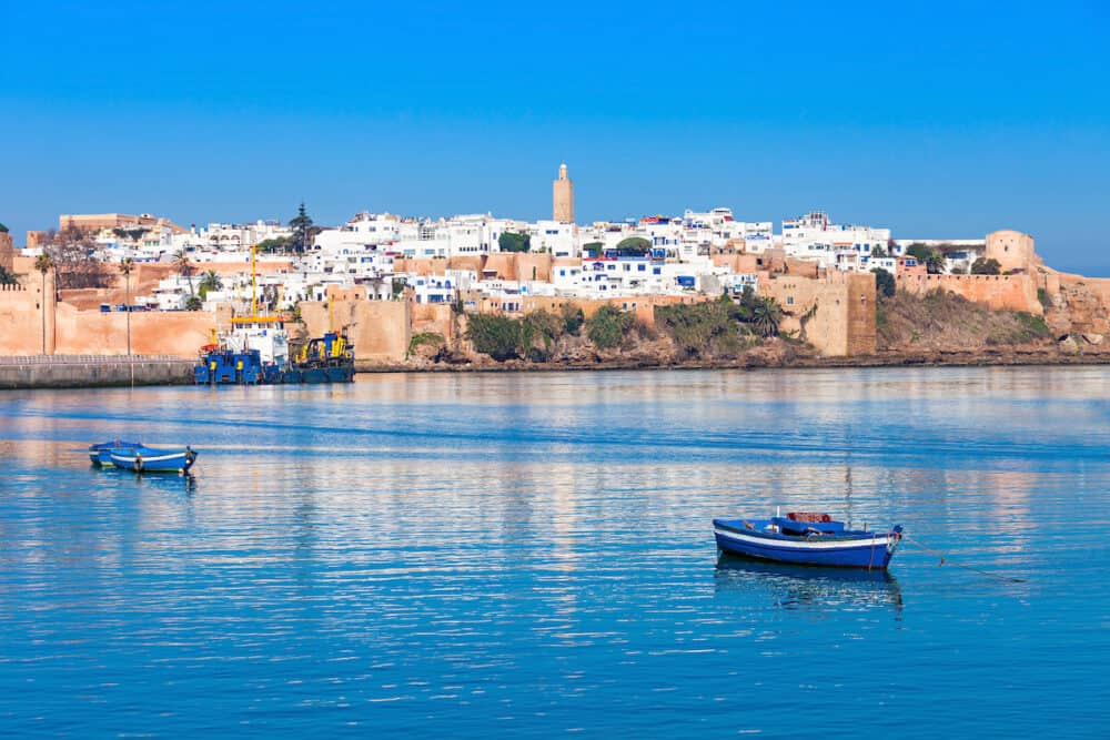 River Bou Regreg seafront and Kasbah in medina of Rabat Morocco. Rabat is the capital of Morocco. Rabat is located on the Atlantic Ocean at the mouth of the river Bou Regreg.