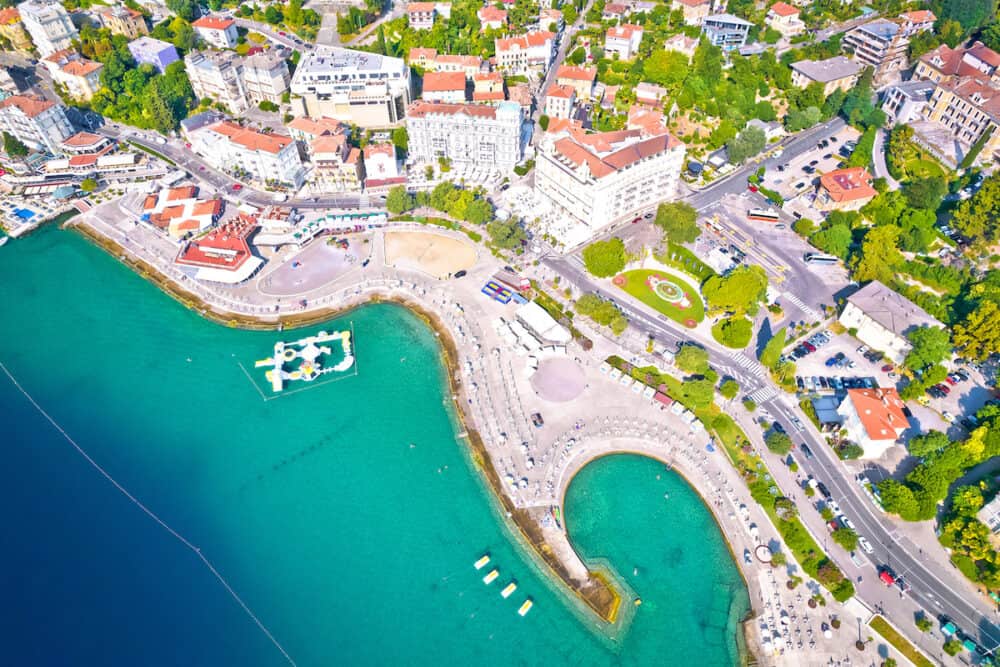 Opatija beach. Town of Opatija Slatina beach and waterfront aerial view, Kvarner bay of Croatia
