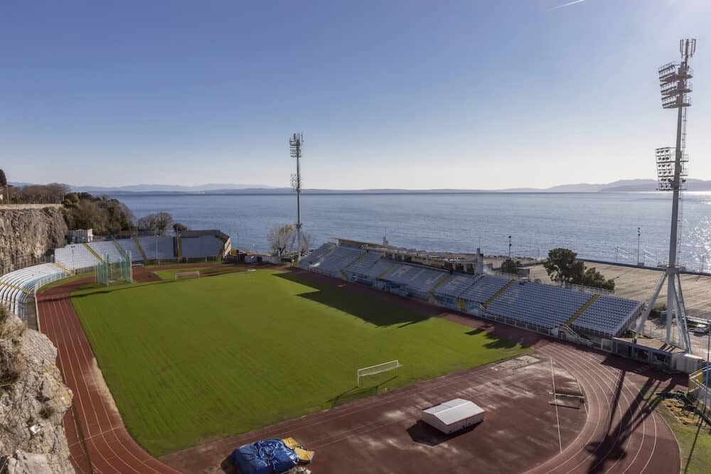 RIJEKA, CROATIA - Attractive an unique football stadium of NK Rijeka. The Kantrida stadium is located between a large rock and the sea.
