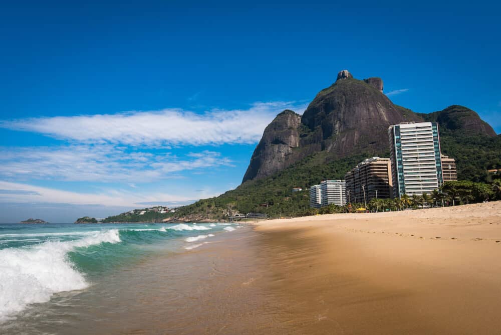 Beautiful Sao Conrado Beach View With Mountain Landscape and Luxury Apartment Buildings, Rio de Janeiro, Brazil