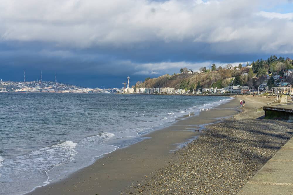 A view of Alki Beach in West Seattle, Washington. The month is February.