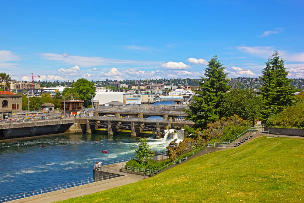 SEATTLE USA - Ballard Locks in Seattle. Locks connect the waters of Puget Sound with freshwater of Lake Union and Lake Washington.