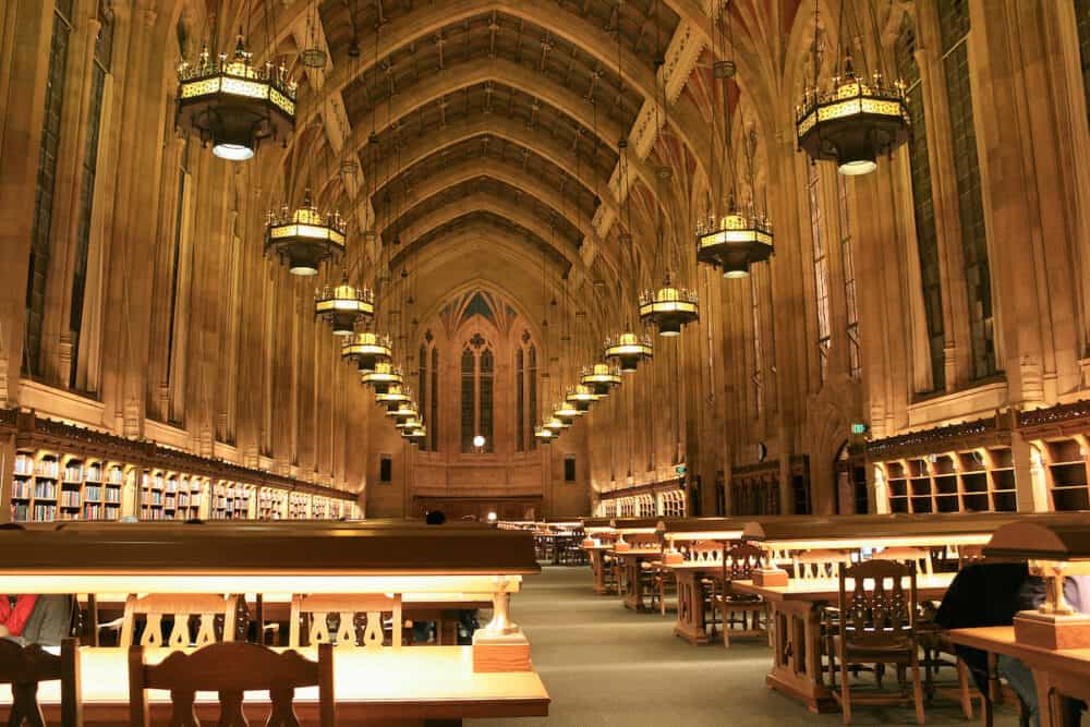 SEATTLE, USA - Interior of Suzzallo Library at the University of Washington in Seattle as seen inside the Graduate Reading Room 