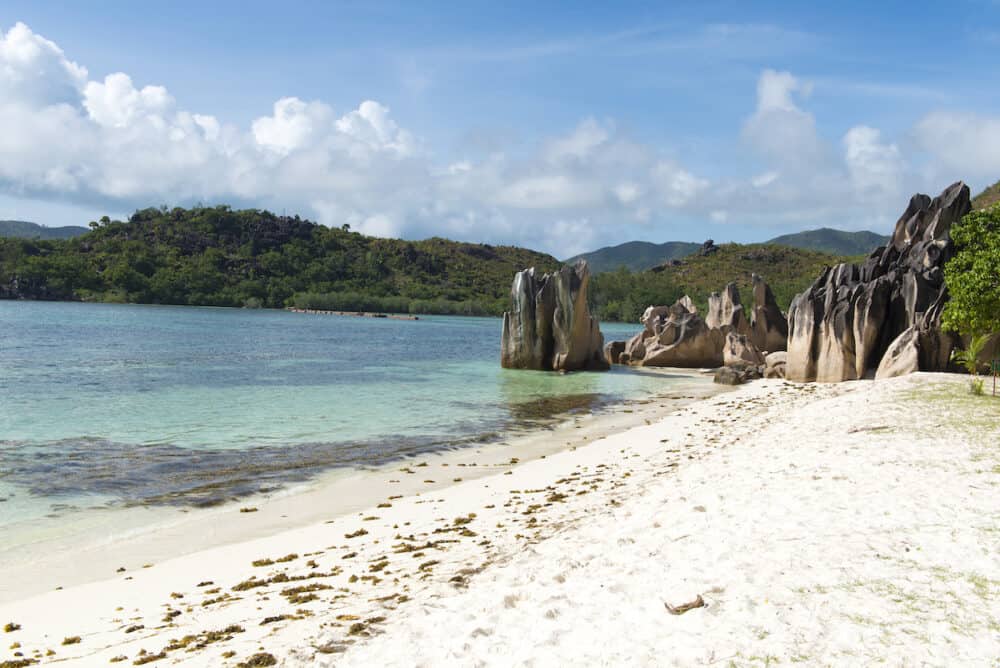 White sandy beach in Seychelles Denis private island Indian Ocean
