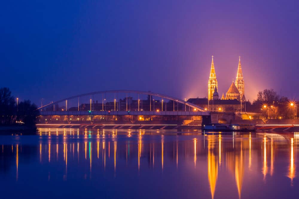 Night view of Szeged city from the other side of Tisza River-Hungary