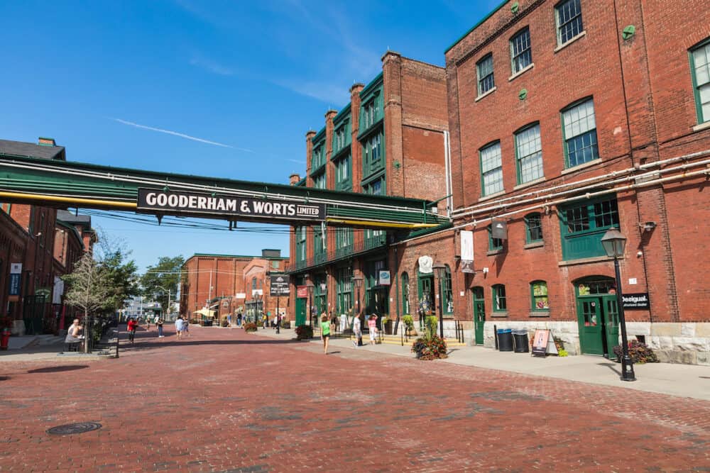TORONTO, CANADA - Distillery District (former Gooderham & Worts Distillery) - historic and entertainment precinct. It contains numerous cafes, restaurants, shops and industrial parts.