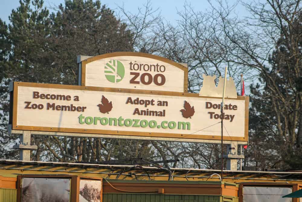 Toronto Canada: sign of the Toronto Zoo at entrance in Toronto, Canada.Toronto Zoo is Canadian the largest zoo with over 5, 000 animals.