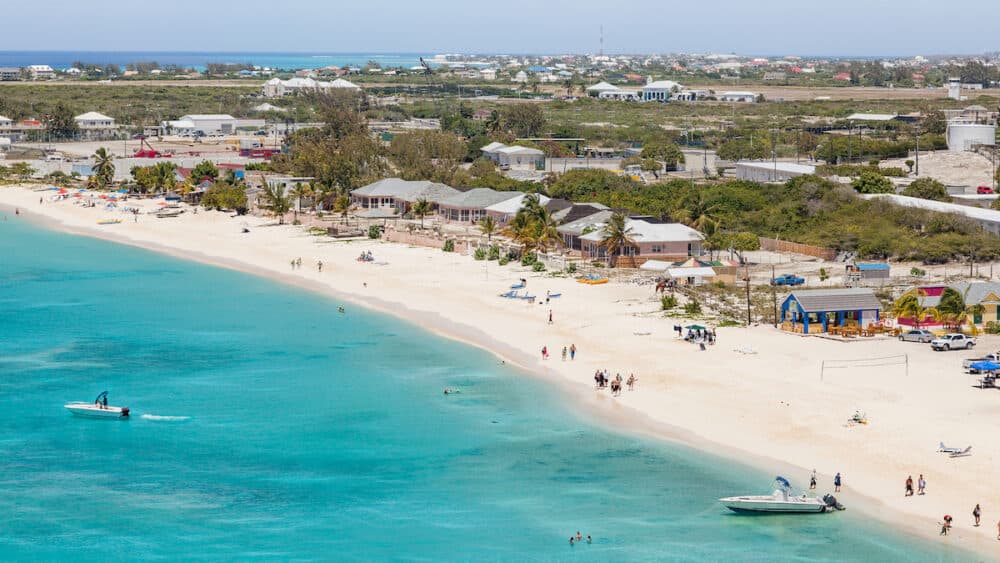 Aerial view of the beach at the cruise center of Grand Turk in the Caribbean with a view over Cockburn Town.